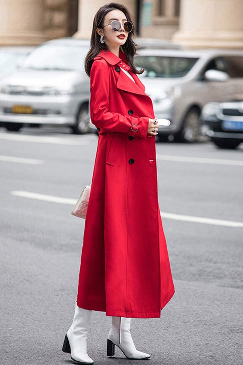 ebossy Women's Double Breasted Duster Trench Coat Slim Full Length Maxi Long Overcoat (Medium, Red) - Image 3